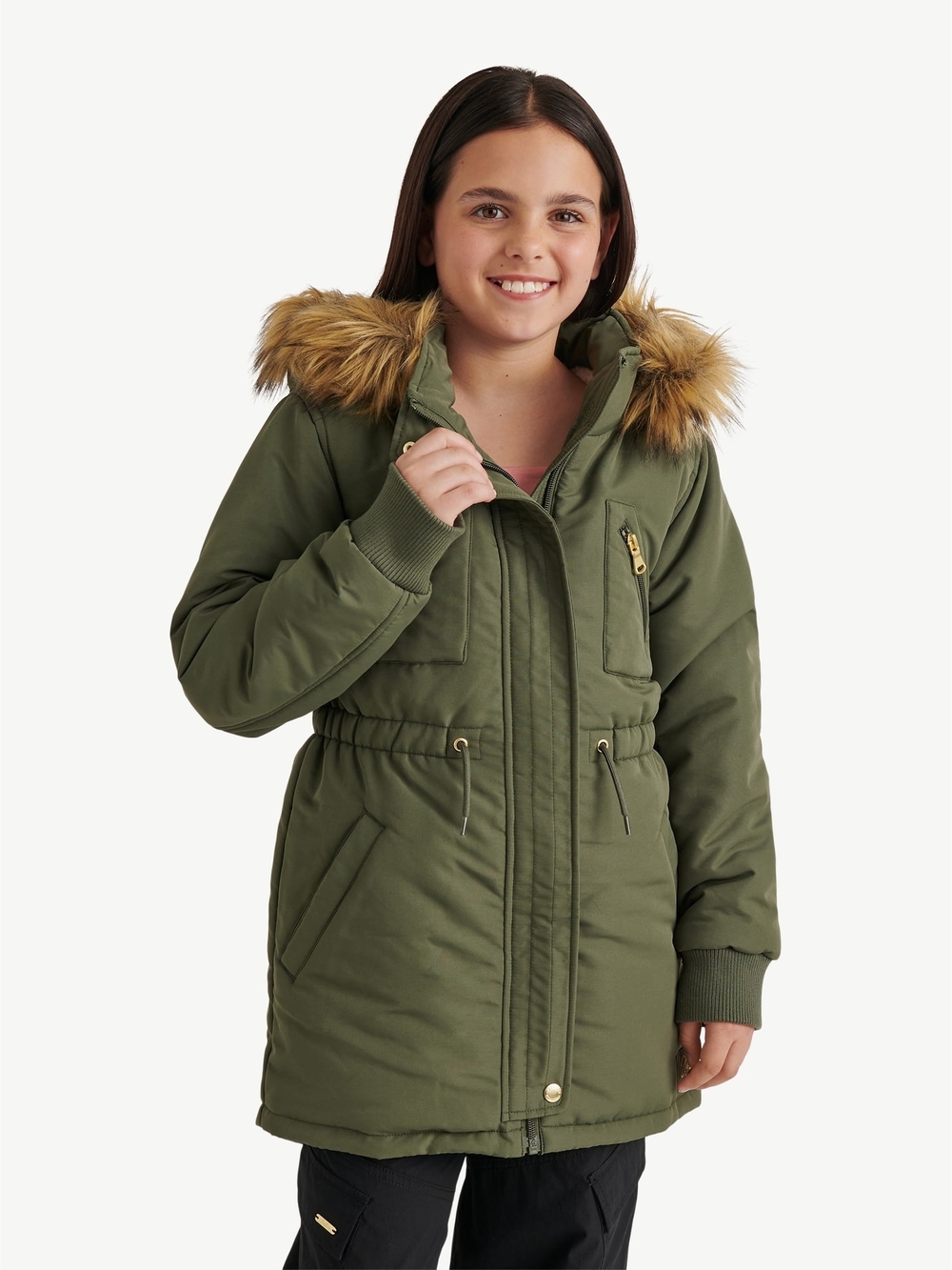 JUSTICE-Girls' Olive Green Faux-Fur Trim Parka Jacket
